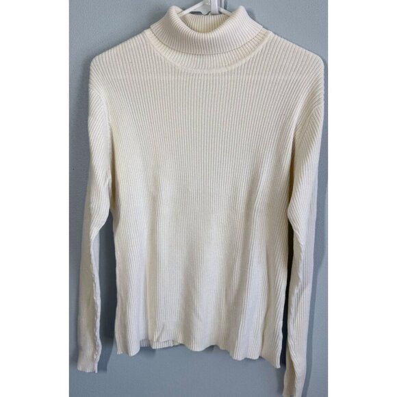 VTG Yarnworks Womens Ivory Ribbed Turtleneck Sweater Large Classic Minimalist - Picture 1 of 10